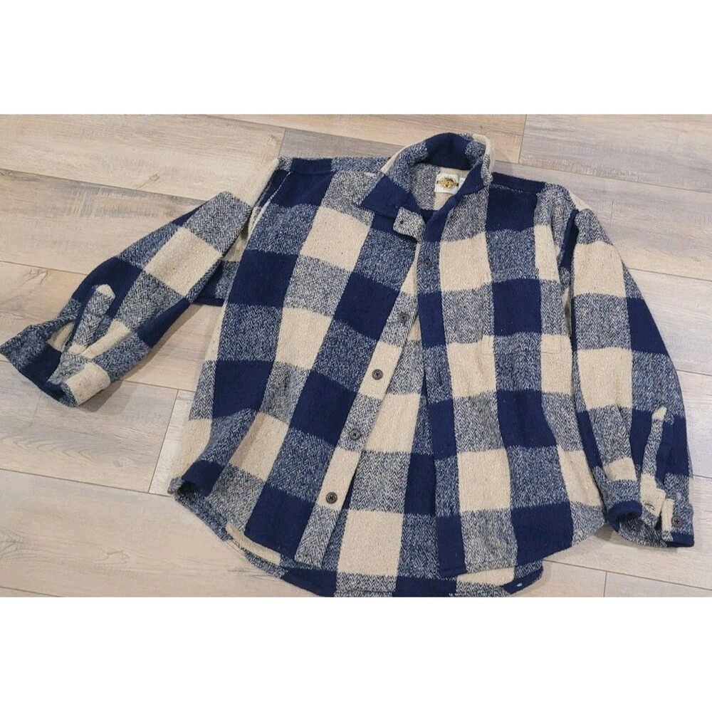 Earth Ragz Shirt Mens XL Navy Tan Buffalo Plaid Wool Blend Button Up Outdoors